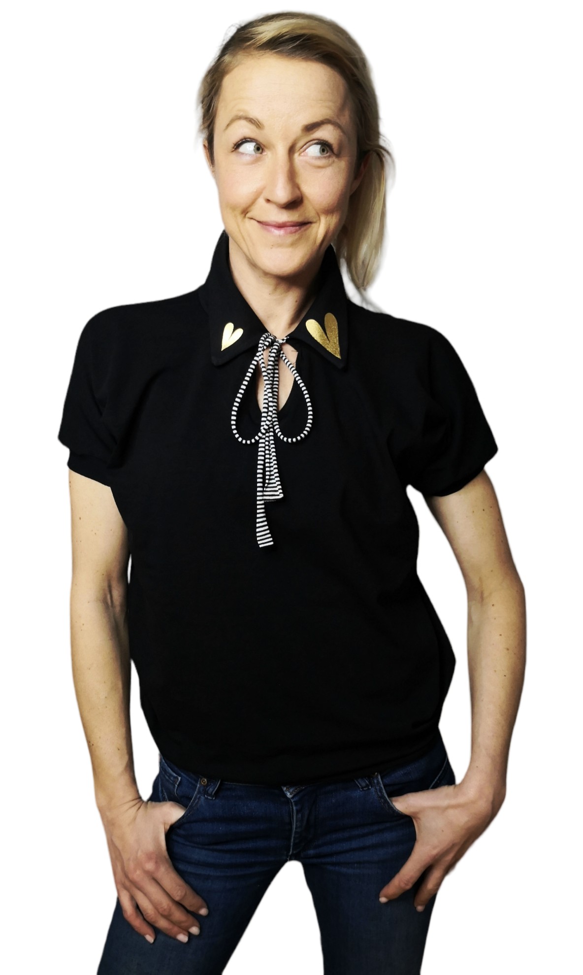 Black shirt-style T-shirt - gold heart