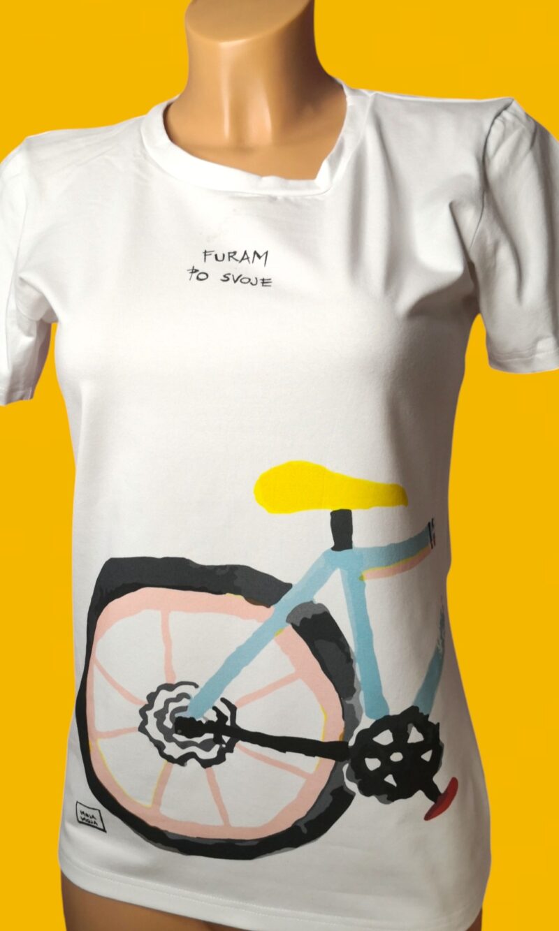 White women's T-shirt Furam po svoje bicycle