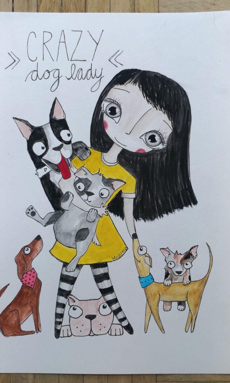 Crazy dog lady - original illustration
